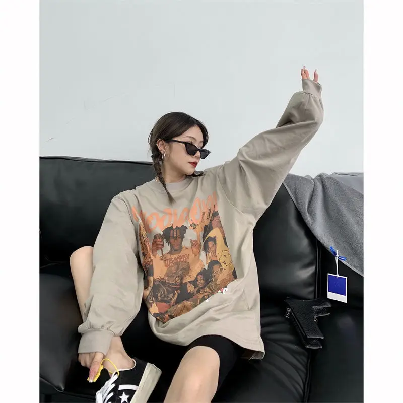 

Retro Printed 2021 Autumn T-shirt Fashion Casual Long Sleeve Graphict Plus Size Tops Korean Style Hip-Hop Style Loose