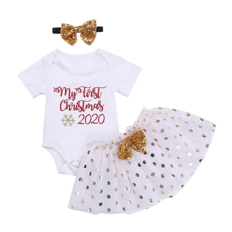 

0-18M Newborn Baby Girls Christmas Clothes Set Short Sleeve Letter Bodysuits Tops Dots Mesh Tutu Skirts Headband 3Pcs Xmas