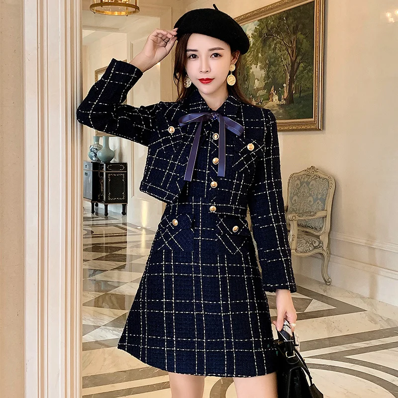 

Mozuleva Blue Plaid Tweed Wool Short Jacket + Sleeveless Vest Dress Winter Women's Bow Pocket Jacket Set Ladies 2-Piece Dress
