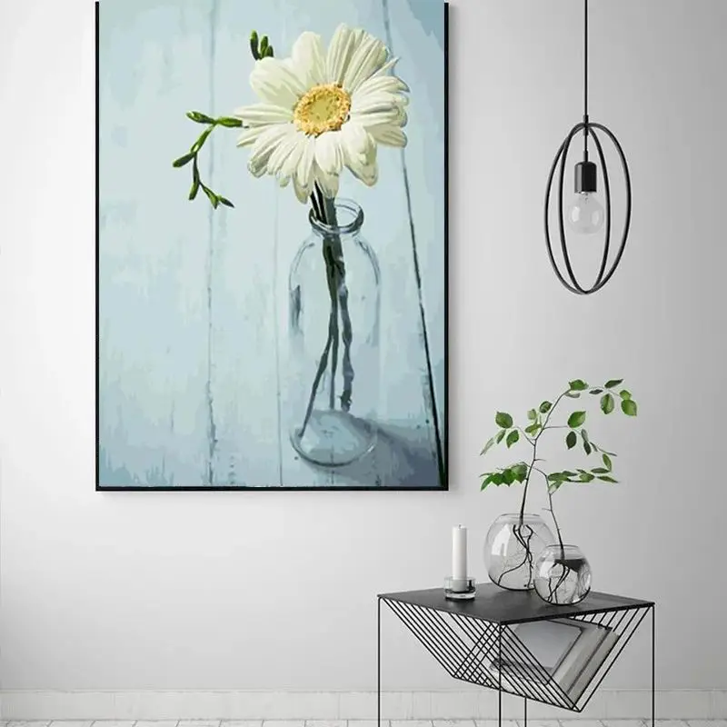 

CHENISTORY Diy Pictures By Number White Chrysanthemum Kits Handpainted Picture Art Flowers Drawing On Canvas Home Decor