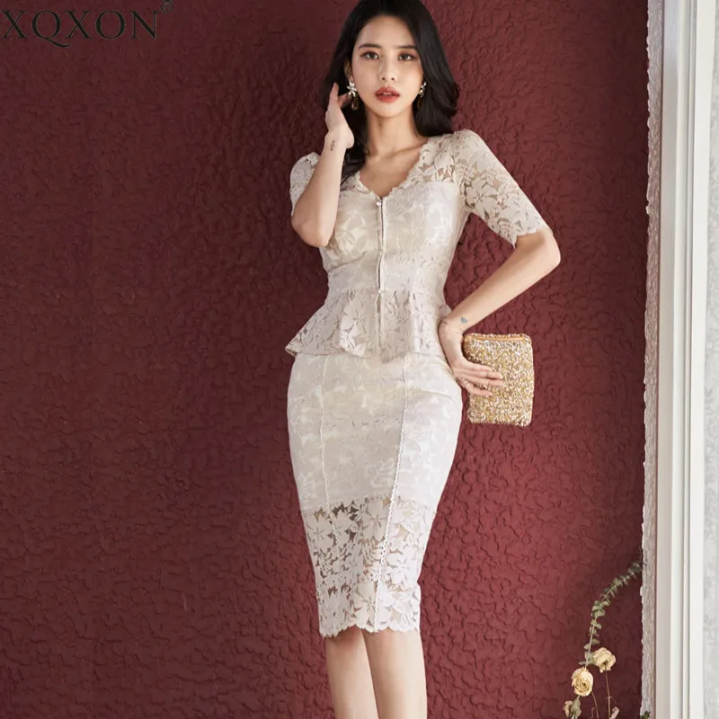 

Summer New Ladies Two Piece Set Slim Lace Top + Temperament Tight Skirt Set Women