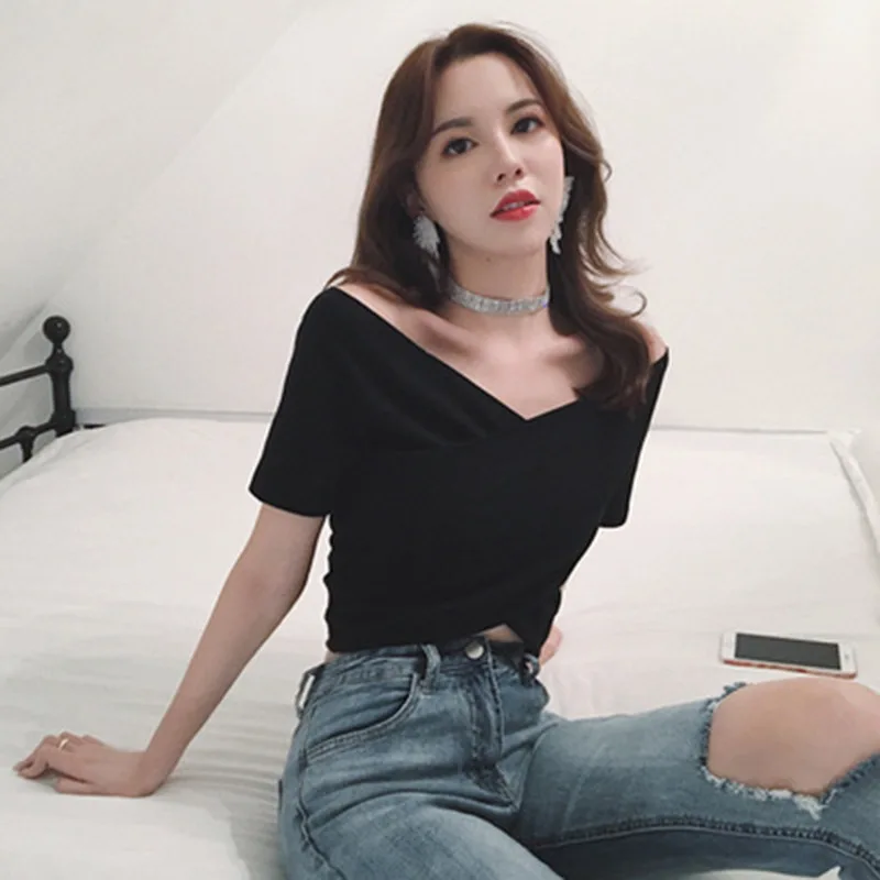 

Women's Cross Short T-shirt 2020 Korean Clothes Summer Sexy Solid V-neck Large Slim Show Navel All Over Casual Plus Size Top