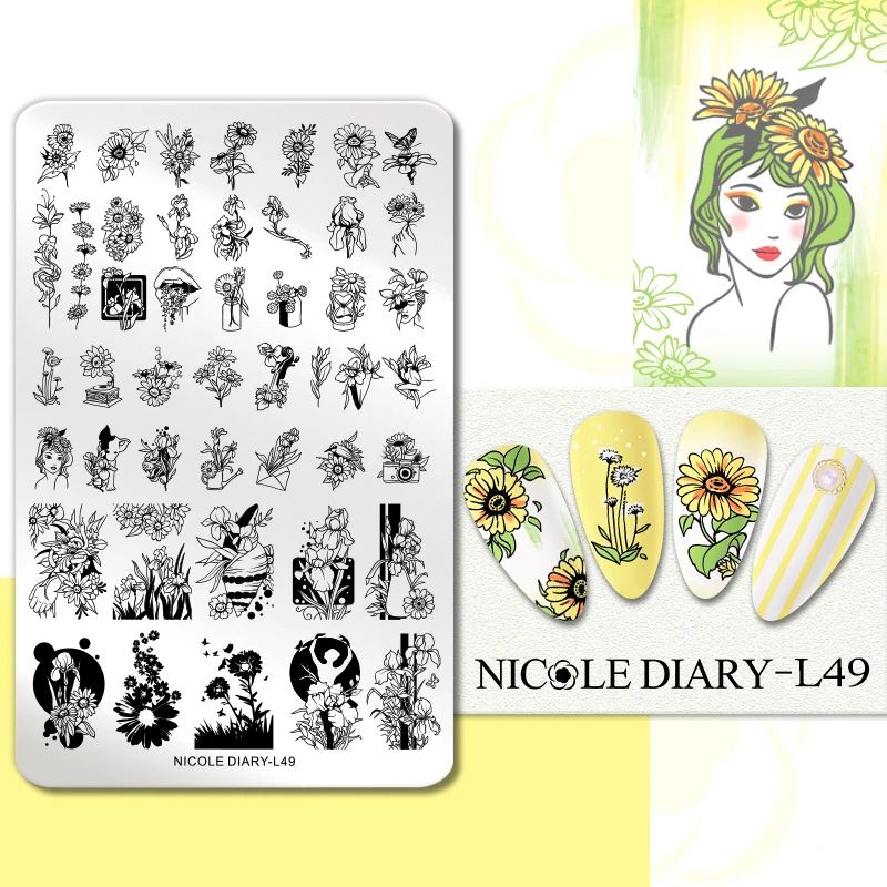Трафареты NICOLE DIARY для стемпинга пластины с алфавитом листьями девочек шаблоны