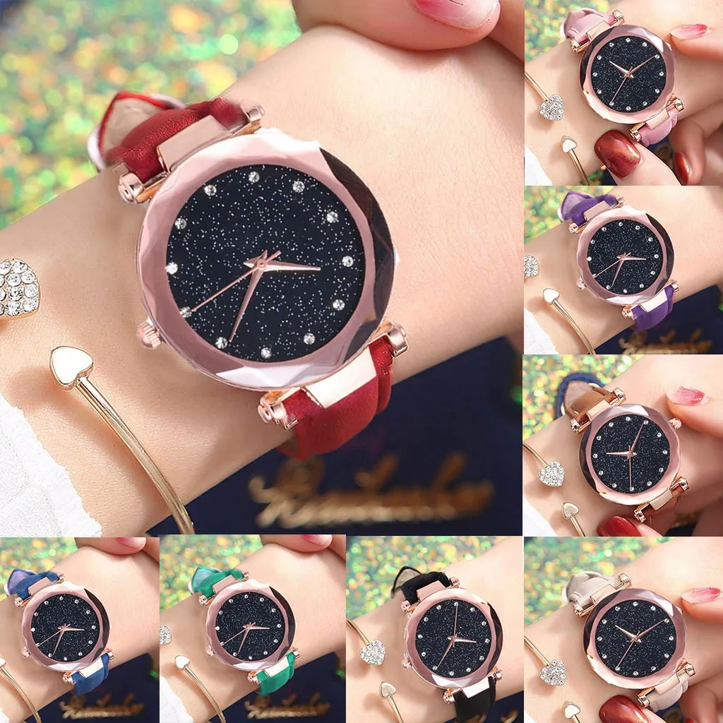 

Hot Casual Women Romantic Starry Sky Wristwatch Leather Rhinestone Waterproof Quartz Watch Luxury Alloy Case student Clock Gift