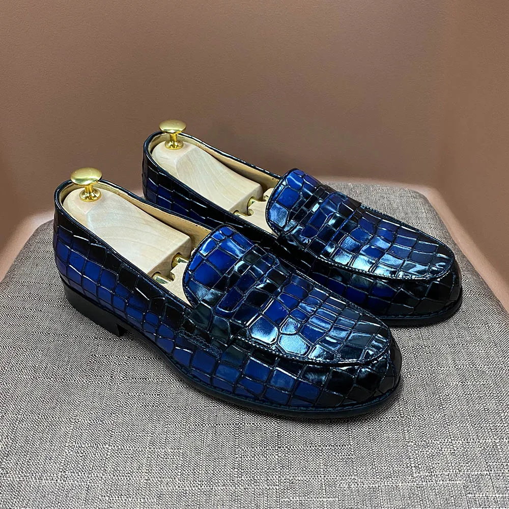 New Genuine Cow Leather Men Causal Loafer Shoes Men's Flats Luxury Crocodile Pattern Patent Leather Slip on Formal Men Loafers