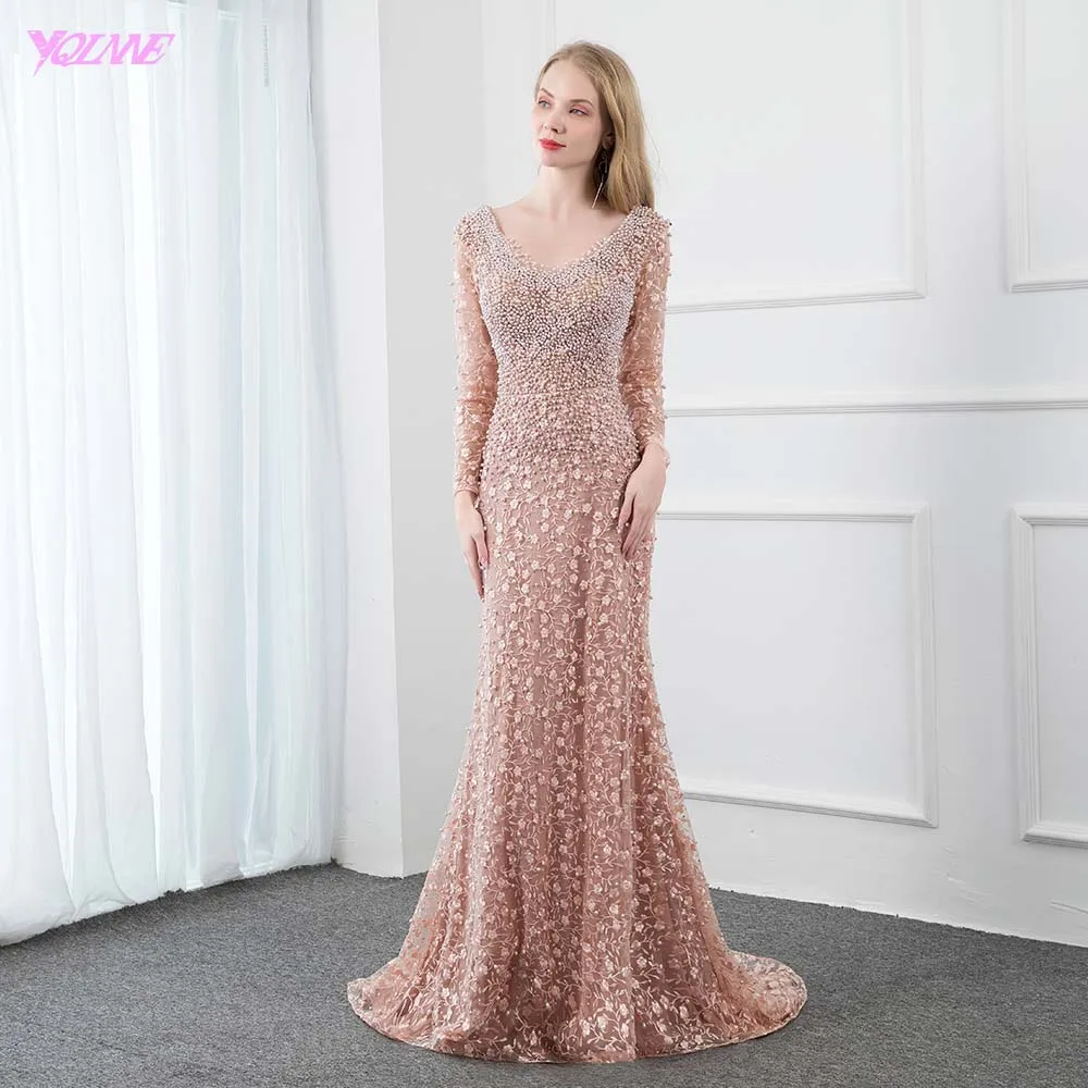 YQLNNE пыльно розовый кружево вышитое длинное вечернее платье длинный рукав Жемчуг