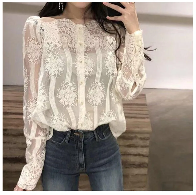 Блузка женская кружевная с открытыми плечами и длинным рукавом | Женская одежда