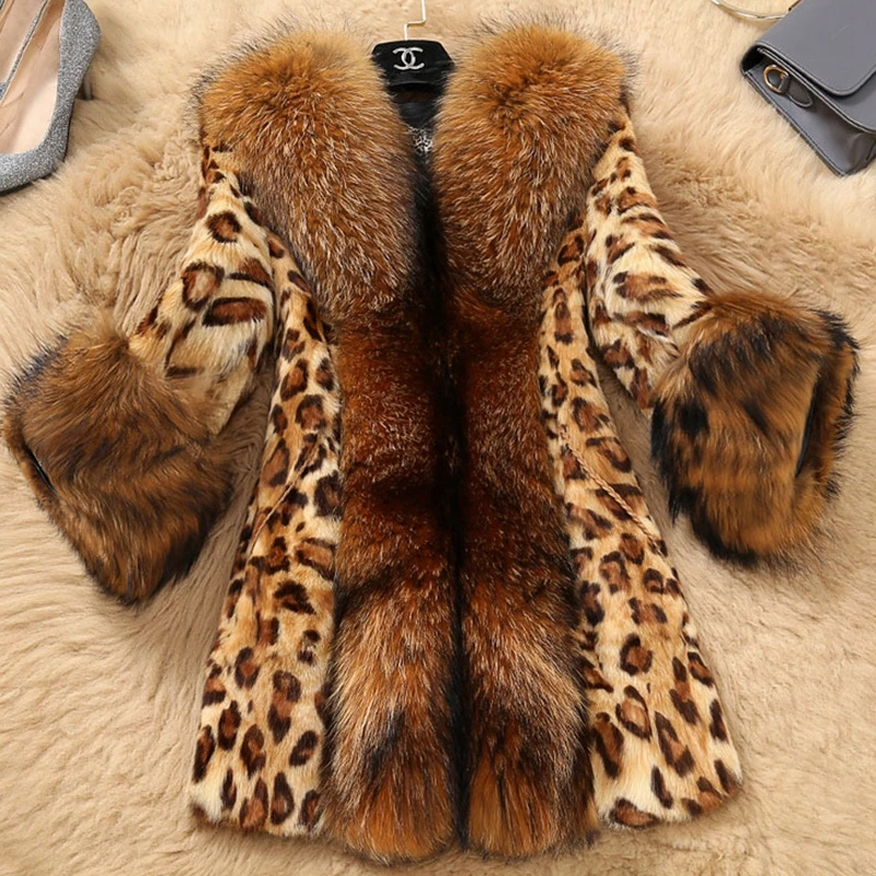 

Пальто женское из искусственного меха с леопардовым принтом и длинным рукавом, размера плюс