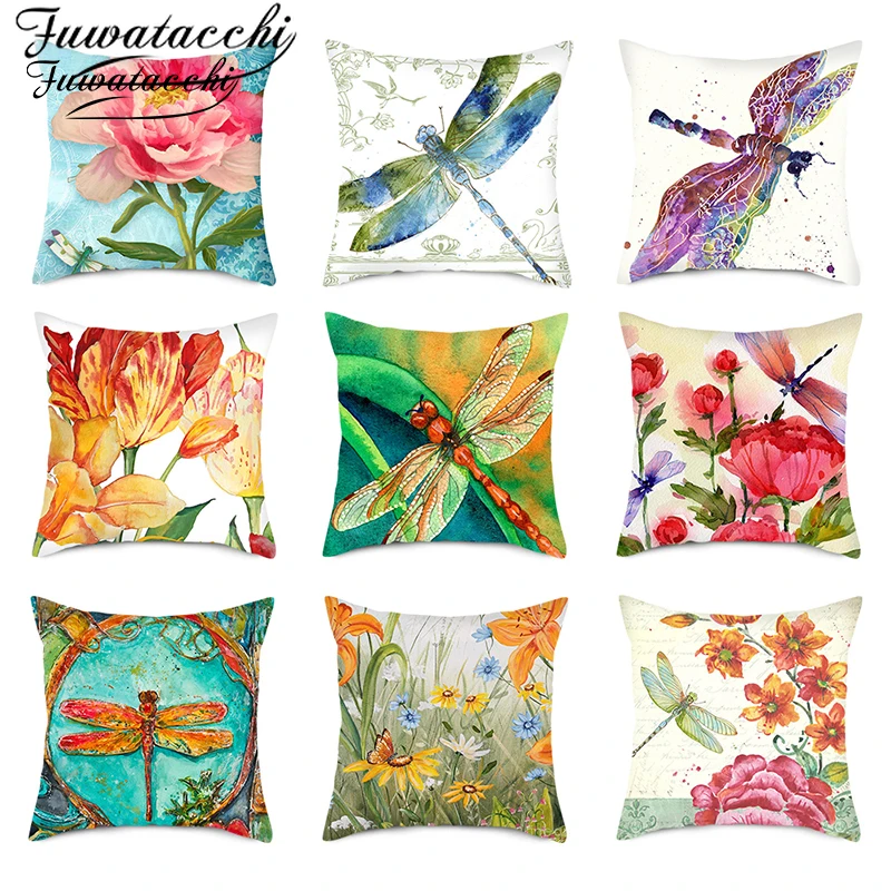 

Fuwatacchi Flower Dragonfly Printed Pillow Case Cute Dogs Cushion Covers for Home Sofa Decorative Polyester Throw Pillow Covers