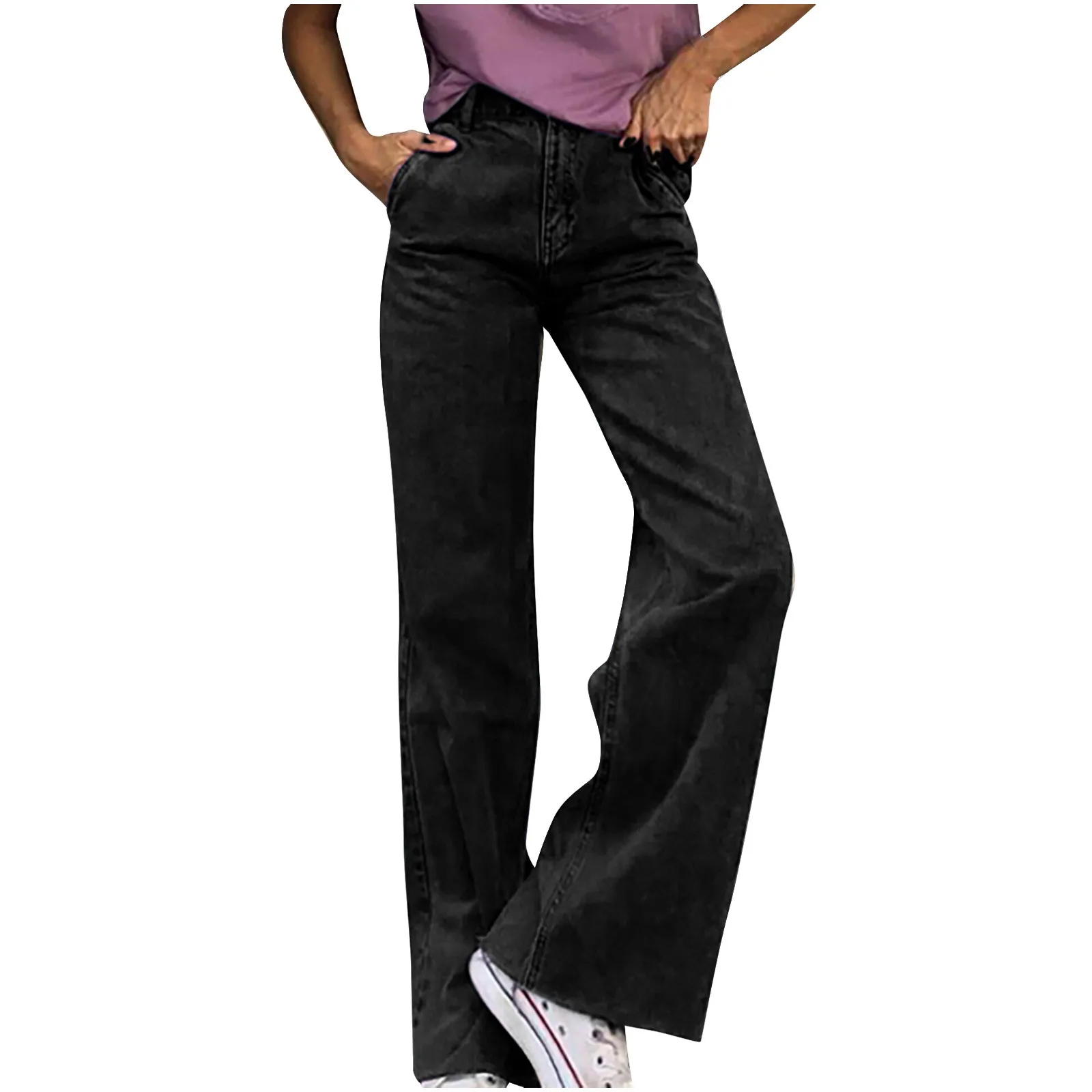 

Джинсы женские с завышенной талией и карманами, модные однотонные повседневные свободные брюки с широкими штанинами, винтажные прямые штан...