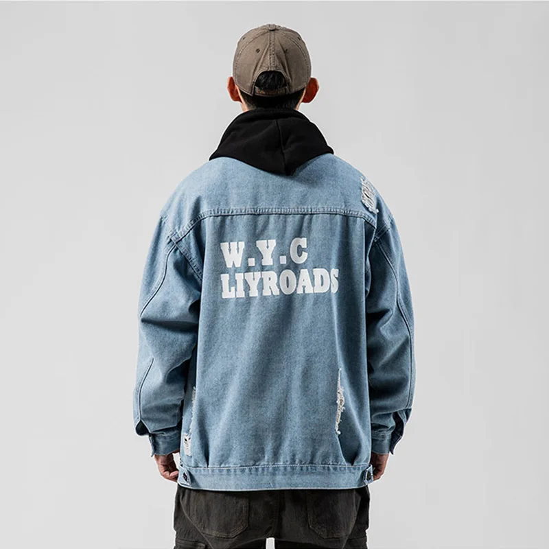 2021 весенняя и осенняя джинсовая куртка Мужская бомбер с отворотом в стиле хип хоп