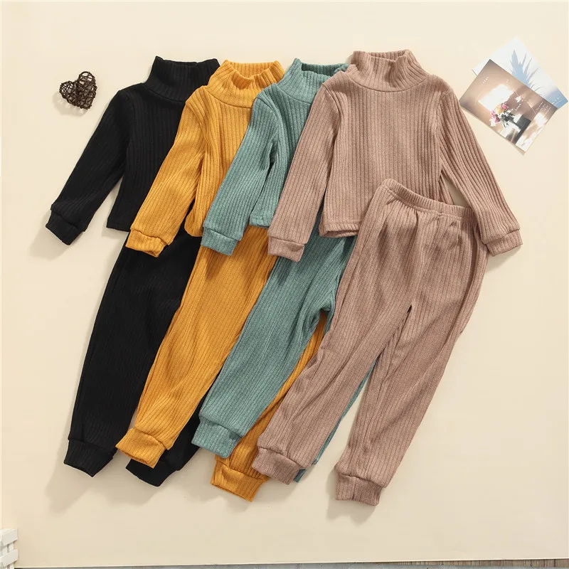 

Baby Girls Boys Outfits Solid Color High Collar Long Sleeve Tops+Elastic Waist Trousers Ribbed 2PCS Clothing Autumn Spring 2-7Y