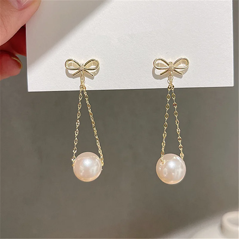 

Temperament Small Metallic Cross Knotted Earrings for Women Girls Long Chain Tassel Simulated Pearl Pendant Earrings Accessories