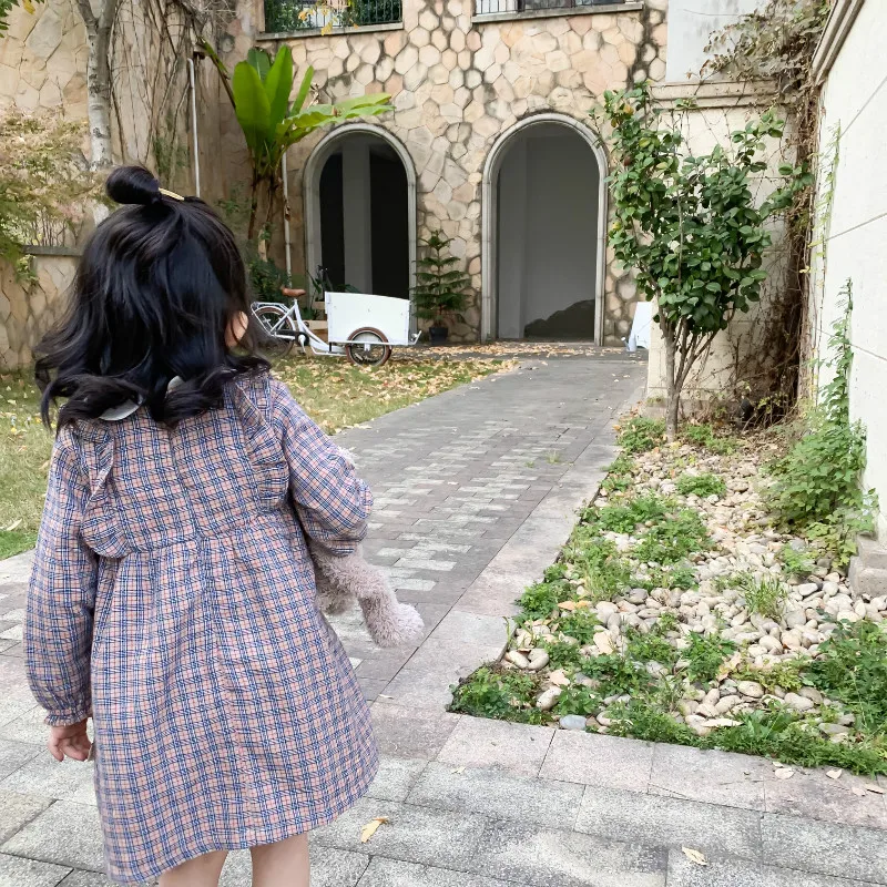 Spring New Arrival korean style cotton plaid long sleeve princess dress with letters embroidered collar for cute sweet baby girl | Детская