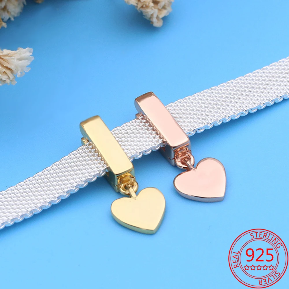 Handmade 925 Sterling Silver Sparkling Golden Heart-shaped Fixing Clip Charm Fit Brand Bracelet DIY Jewelry Pendant Gift | Украшения и