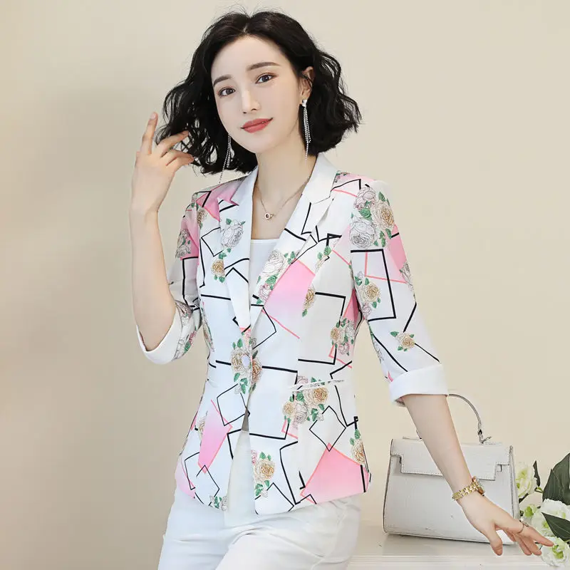 

Small Suit Women Blazers 2021 Spring And Summer New Three-Quarter Sleeves One Button Casual Printed Clothings