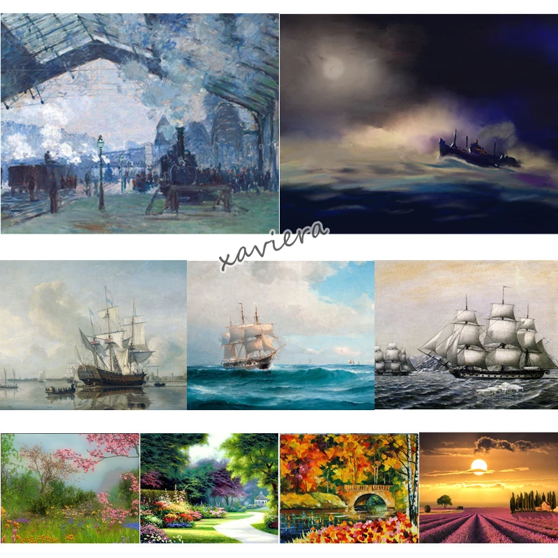 

Алмазная 5D картина «сделай сам», Набор для вышивки крестиком из квадратных/круглых страз, с морским парусником, лодкой, ландшафтом, мозаика, ...