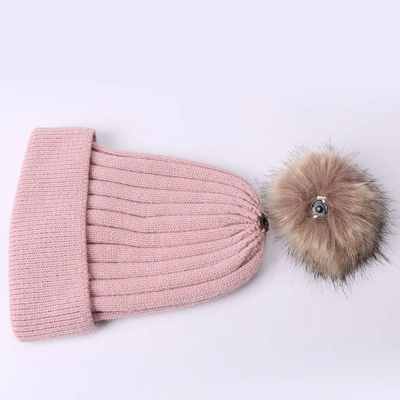 Женская Зимняя шерстяная шапка с помпоном из искусственного меха Модная вязаная