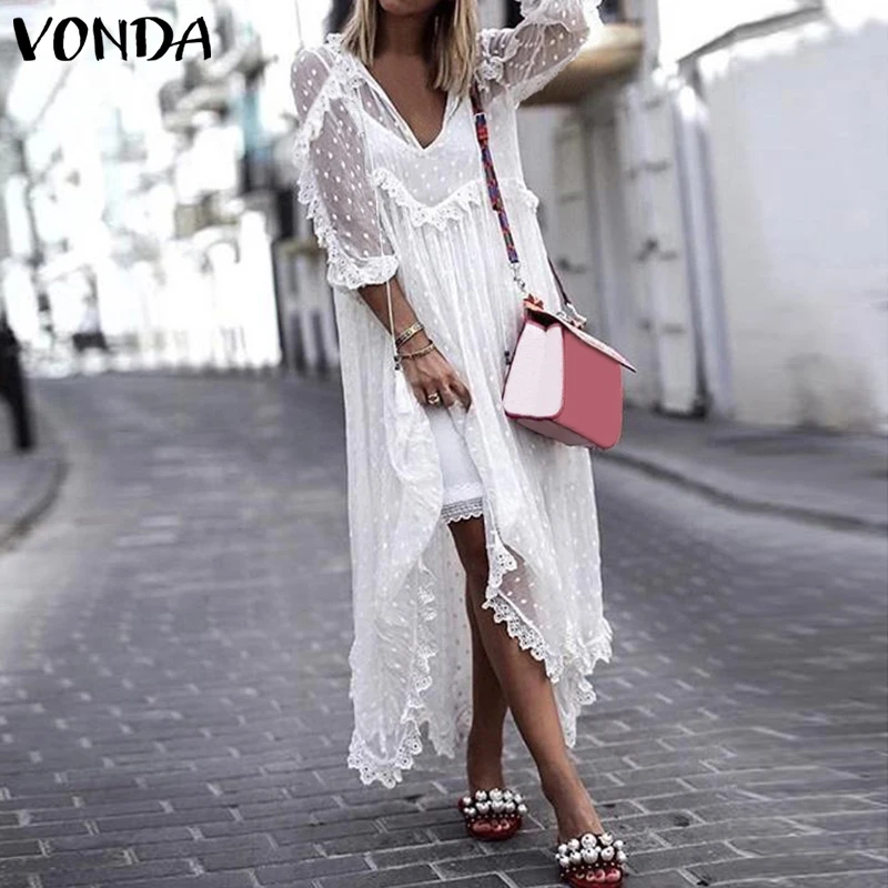 

VONDA White Lace Dress 2022 Women Sundress Summer Dress Sexy Robe V-Neck Dot Hollow Asymmetrical Hem Beach Vestidos
