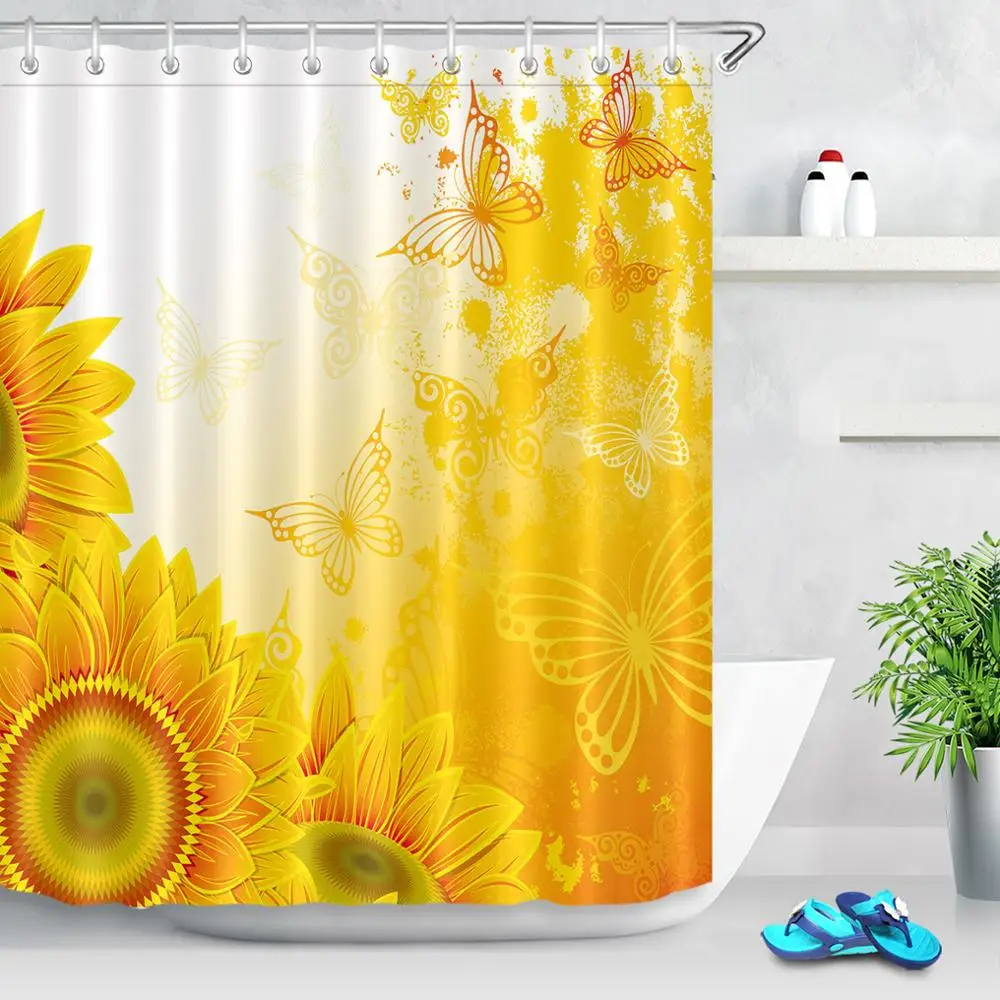 Водонепроницаемая занавеска для душа в виде подсолнуха желтая с цветочным