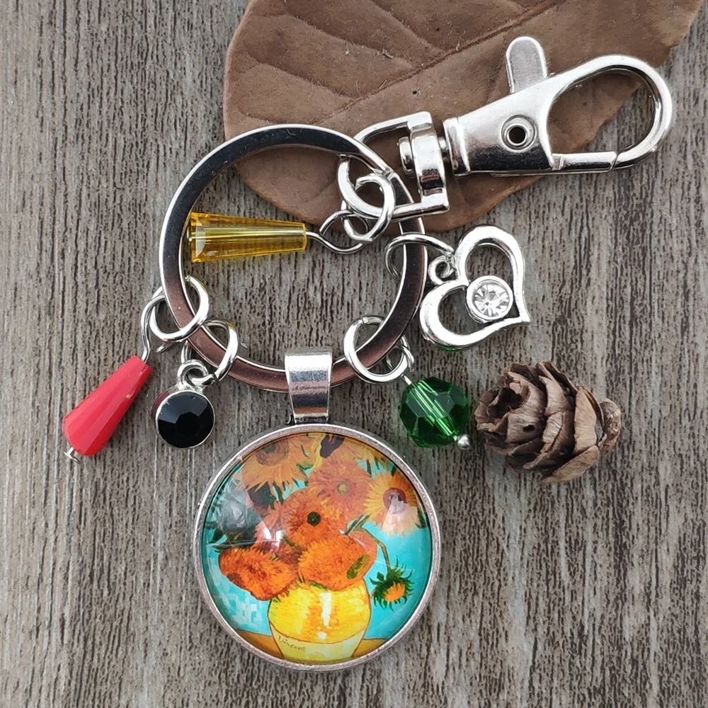 

8 Styles New Hot Unique Keychain Time Gem Sunflower Vincent Van Gogh Starry Sky Classic Oil Paintings Key Ring CV057-072