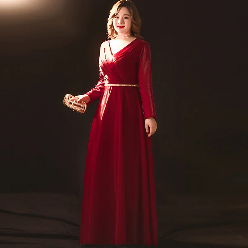 

Burgundy V-Neck Simple Evening Dress New Full Sleeves Zipper Back Elegant A-Line Floor-Length Plus Size Women Formal Gowns D872