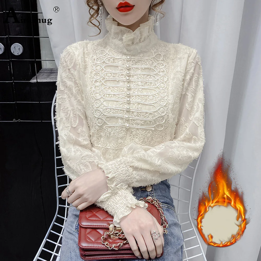 

2021 Spring Autumn Ladies Elegant Tops Embroidery Blouse Shirt Long Sleeve Lace Ruffle Turtleneck OL Shirt Women Casual Blouse