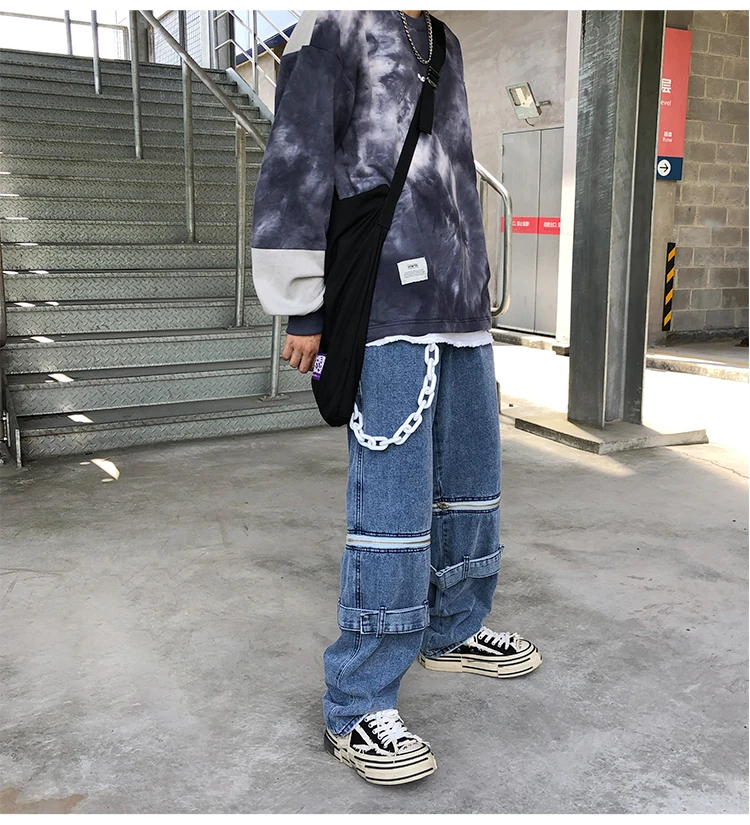 Мужские и женские уличные панк корейские джинсы Harajuku съемное кольцо с молнией пояс Завитая лента свободные джинсовые женские укороченные брюки больших размеров шаровары Хип-хоп