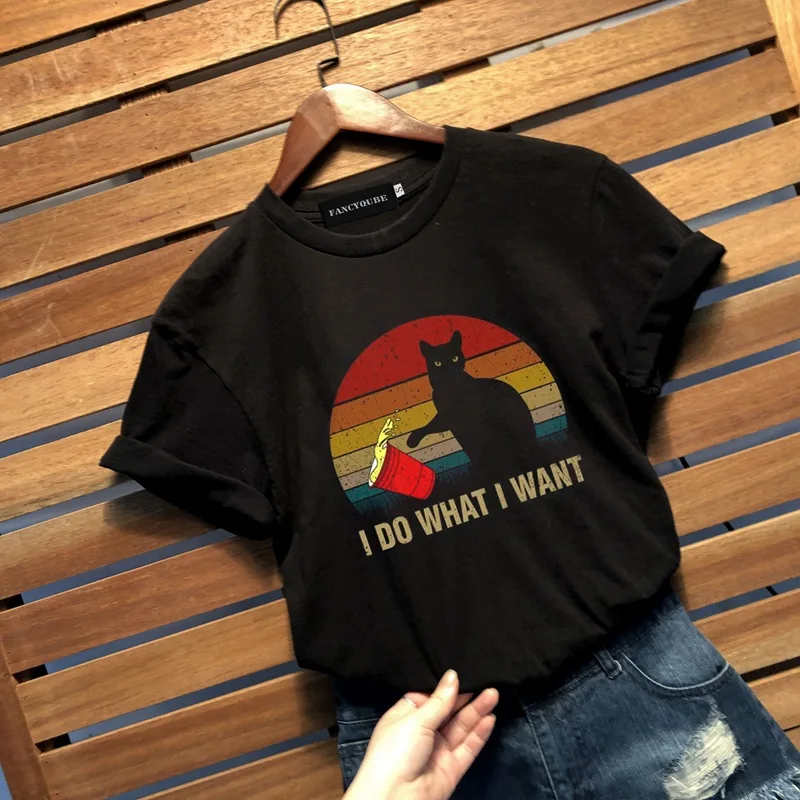 Милая кошка I Do What I Want винтажная женская футболка женская мужская футболка с длинными рукавами топы с круглым вырезом и коротким рукавом