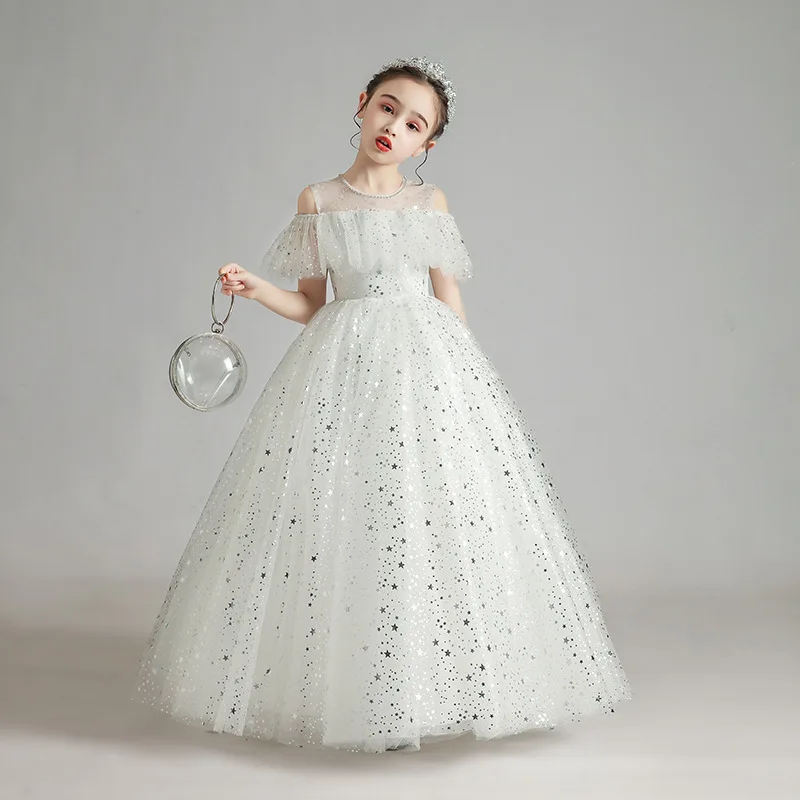 

New Sequin Tulle Girls Princess Formal Dresses Off Shoulder Prom Party Pageant Gowns Flower Girl Dresses Kids Girl Wedding Dress