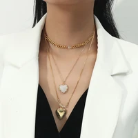 stylish three layers white color opals love heart pendant necklace for women ladies metallic thin chain necklace accessories