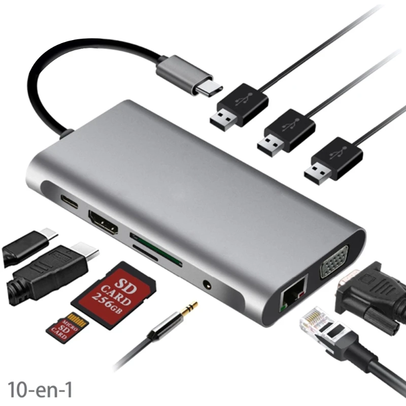 

10 in 1 USB Type C Hub Type-C To 4K VGA Adapter RJ45 Lan Ethernet SD TF USB-C 3.0 Type C 3.5mm Jack Audio Video