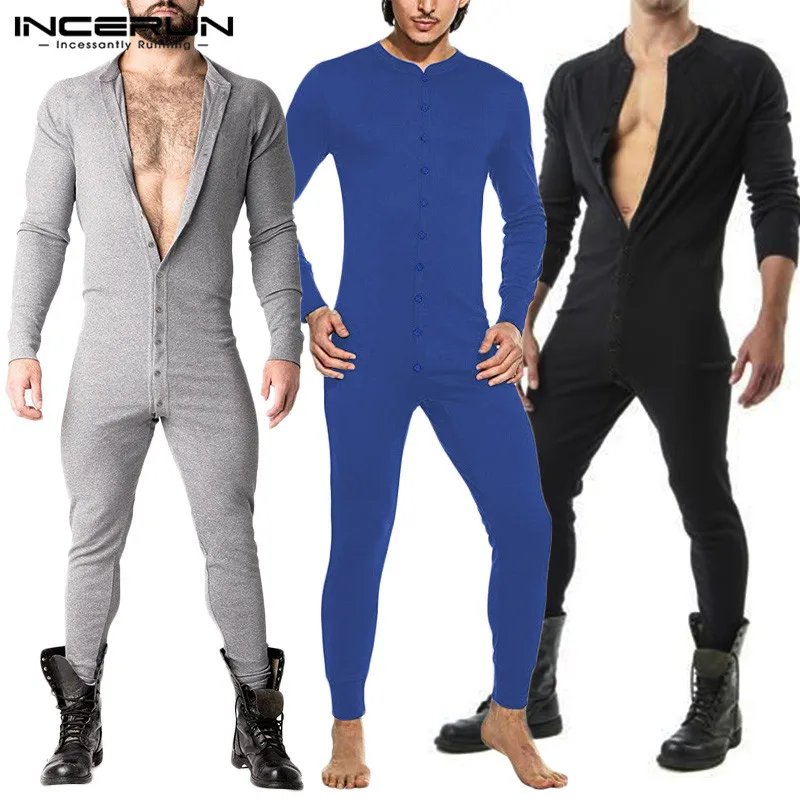 

INCERUN Men Pajamas Jumpsuit Solid 2021 Cozy Leisure Nightwear Rompers Long Sleeve Button Mens Sleepwear Playsuit Homewear S-5XL