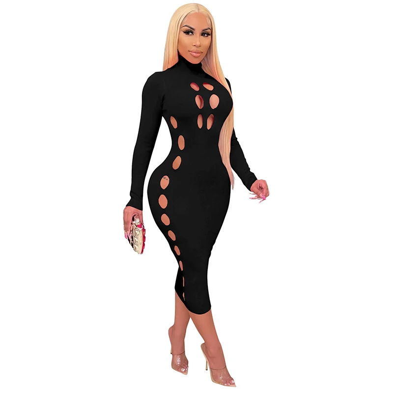 

Sexy Hollow Out Bodycon Dress Turtleneck Long Sleeve Shiny Hole Women 2021 Autumn Winter Elastic Sheath Party Club Midi Dresses