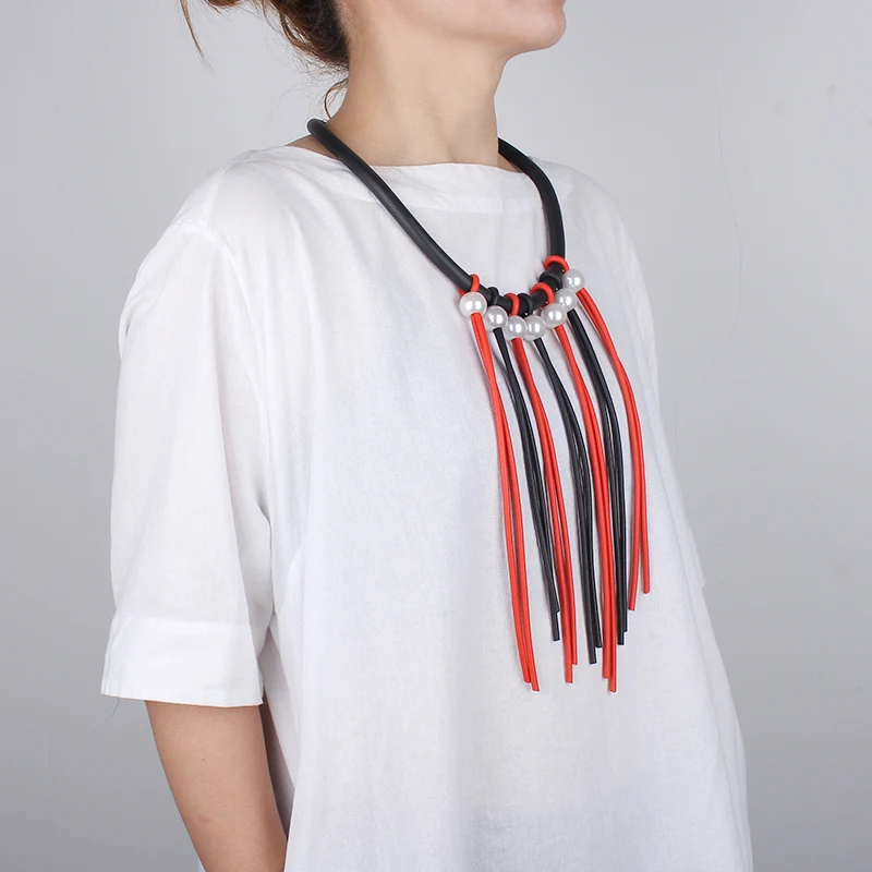 

YD&YDBZ Red Rubber Long Tassel Necklaces For Women Gothic Bead Pearl Pendant Choker Necklace Luxurious Wedding Festival Gift
