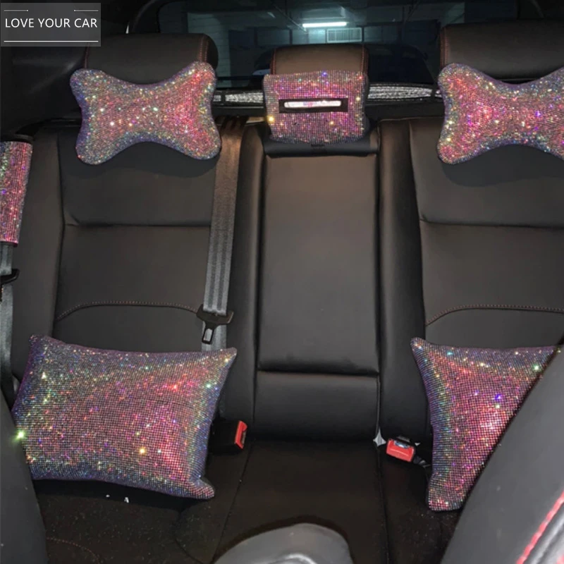 

Bling Rhinestone Crystal Car Neck Pillows Waist Support Diamond Auto Headrest Pillow Car Interior Accessories for Girls Women