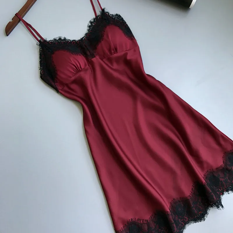 X 2019 Women's Sexy Temptation V-Neck Sling Lace Solid Nightgowns Cool Thin Sleepwear A-Line Above Knee Nightdress M-XL | Женская