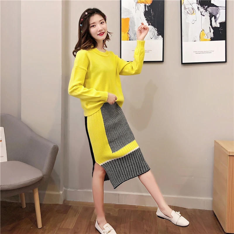 2019 женский костюм из двух предметов Женский пуловер и юбка повседневный
