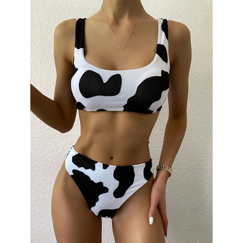 

Women Fashion Ladies Sexy Bikinis Cow Print Swimsuit Set Female Cut Out Beachwear Summer High Waist Bathing 2-PCS Swimwears