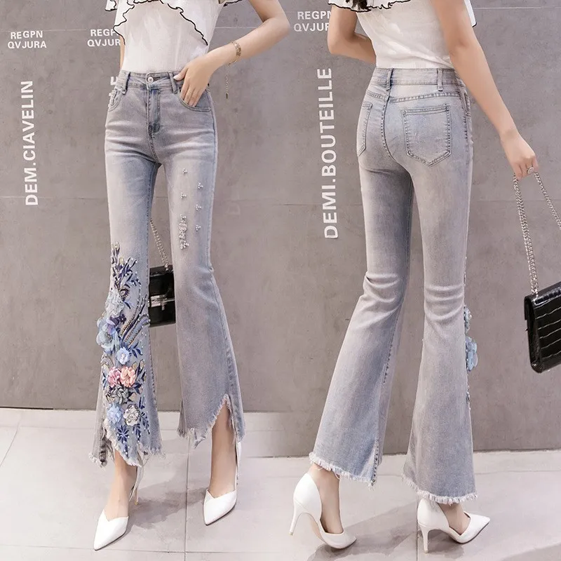 

Women Flowers Embroidery Wide Leg Pants Female Irregular Tassels Beads Jeans Slim Fit OL Ankle Length Washed Hole Denim Pants