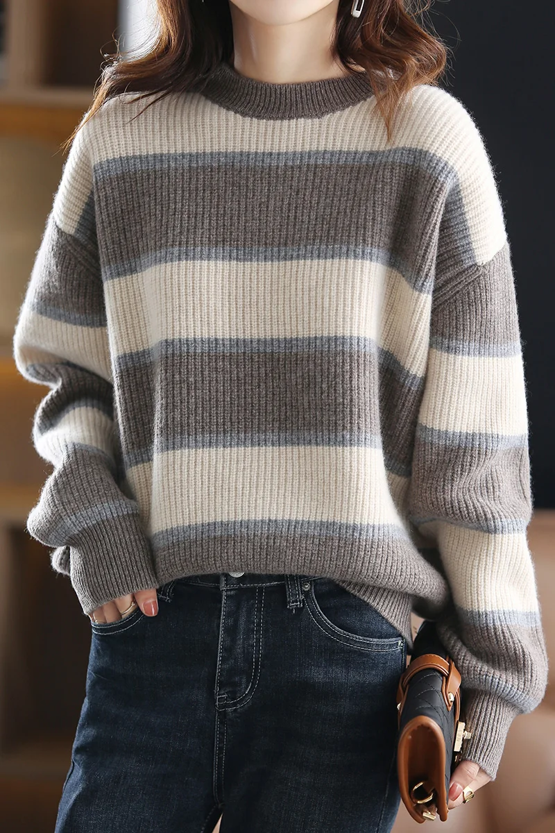 Creative stitching striped sweater women 2021 autumn and winter 100% wool plus size women's Harajuku round neck pullover women