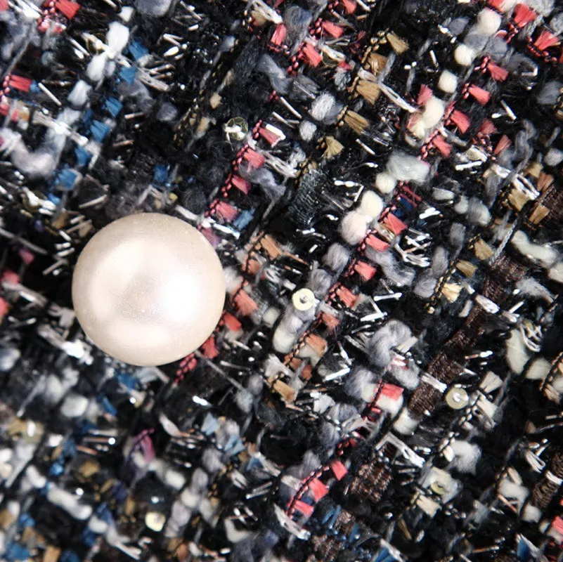 

Autumn Winter Mid-length Tweed Floral Style Pearl Tassel Socialite Plaid Plus Size Women's Coat Women Outerwear Coats Button