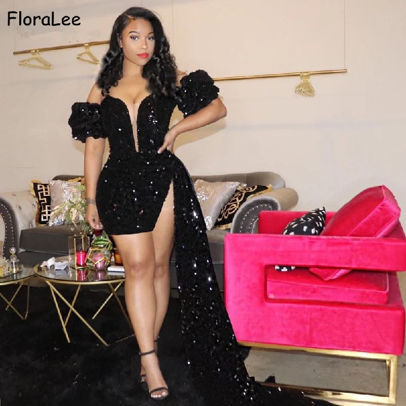 

Black Evening Dresses Shining V-Neck Sleeveless Short Sequins Evening Dresses With Zipper Back Fast Shipping Event Dresses