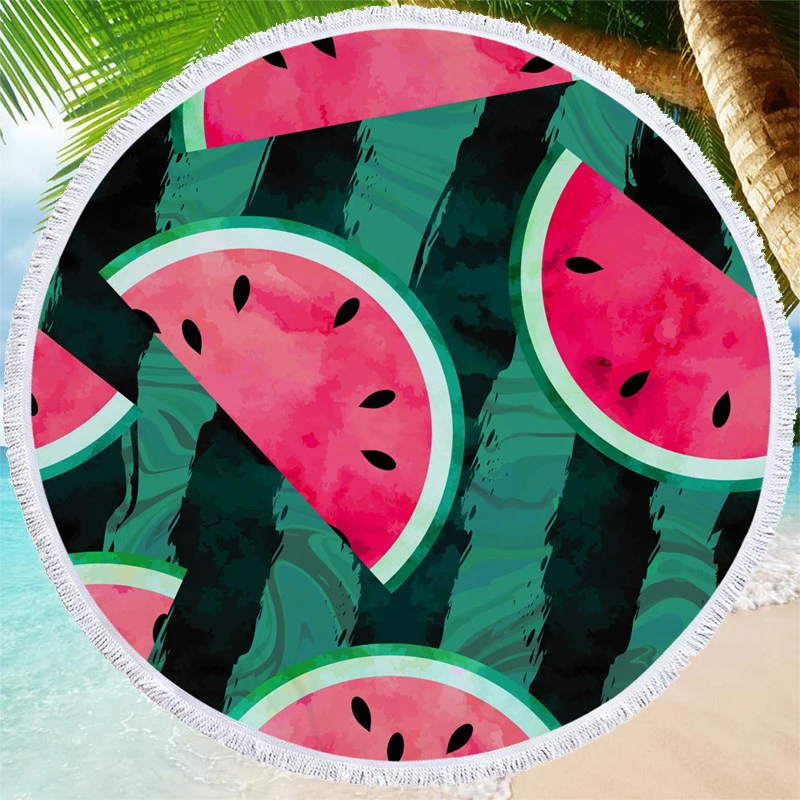 

Watermelon Printing Summer Beach Towel Living Room Yoga Mat Outdoor Camping Picnic Mat 150cm Round Soft Microfiber Bath Towel