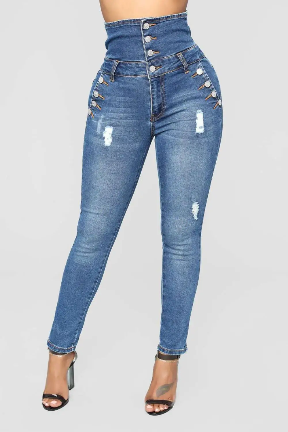 Ladies Ripped Jeans Plus Size Skinny High Waist Button Fly Curvy Long Big Hips Stretch Jean Tall Women Slim Shapping Denim | Женская