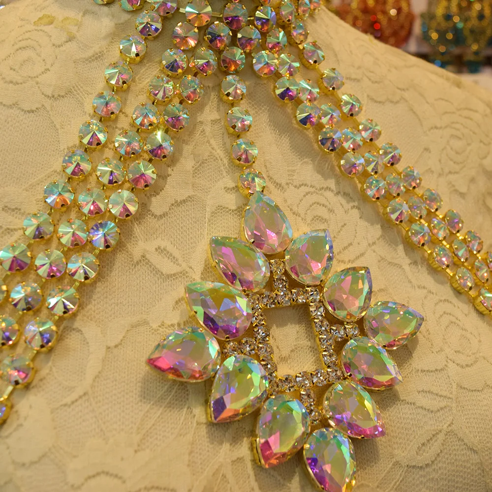 Preço Cuier Luxo Cristal Ab Ouro Colar Topo Do Corpo Corrente Oversize Jóias Adorno Do Corpo Strass Casaco Topos Para Mulher Gargantilha