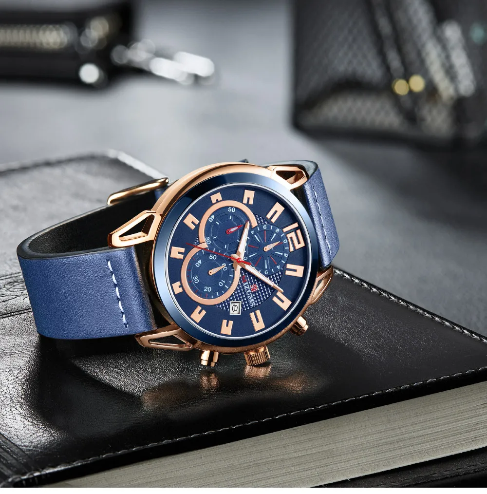 Лидирующий бренд хронограф спортивные мужские часы кварцевые кожа наручные