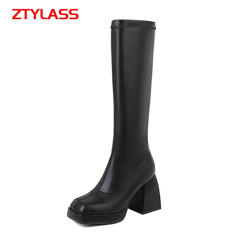 

2021 Women Knee High Boots Platform Women Shoes Thick High Heel Ladies Calf Boots PU Leather Fashion Square Toe Women's Boots