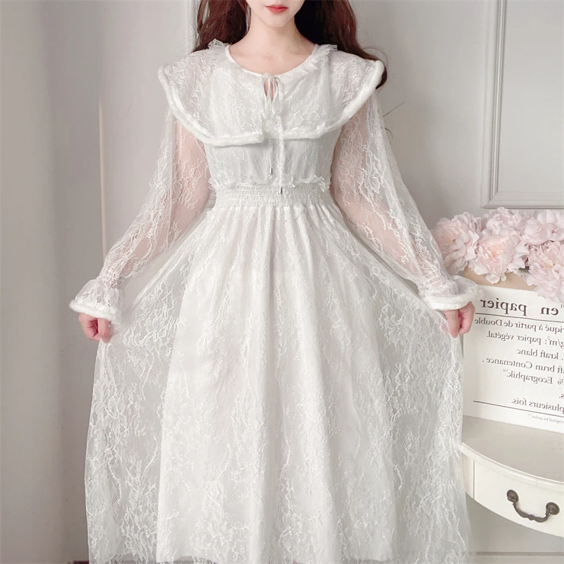 

COIGARSAM Autumn Dress Women Spring 2021 Office Lady French Style Cute Long Sleeve Solid Lace O-Neck High Waist White Dresses