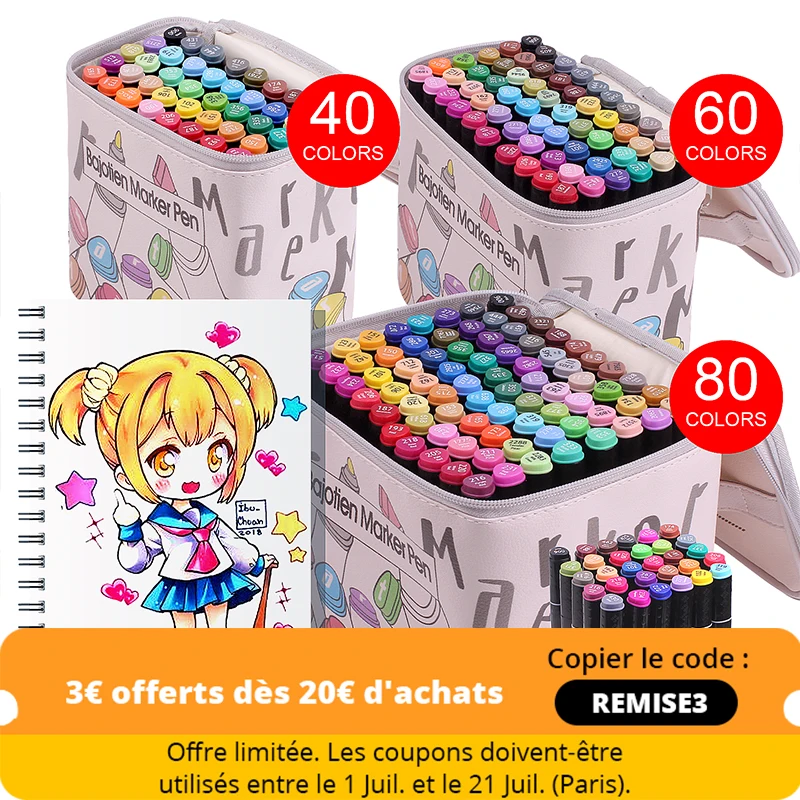 

40/60/80 Colours Graphic Drawing Painting Alcohol Dual Tip Art Marker Pens, Sketch Markers for Adult Coloring Book, Illustration